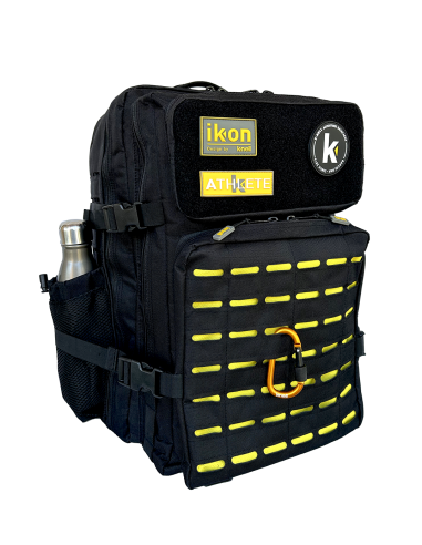 Mochila Táctica Ikon Twee 45L negro-amarillo. Crossfit y gym. 5 compartimentos.